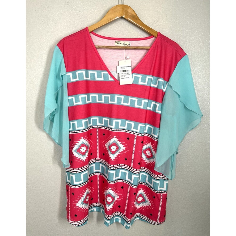 NWT Southern Stitch Aztec Pink Blue Blouse‎ Western Flutter Sleeve Size XL NEW